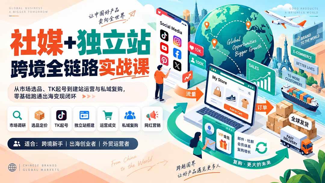 (20361期)社媒+独立站跨境全链路实战课:从市场选品、TK起号到建站运营与私域复购,零基础跑通出海变现闭环-小灰云创