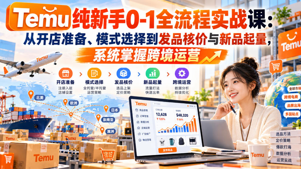 【无水印】Temu纯新手0-1全流程实战课:从开店准备、模式选择到发品核价与新品起量,系统掌握跨境运营-小灰云创