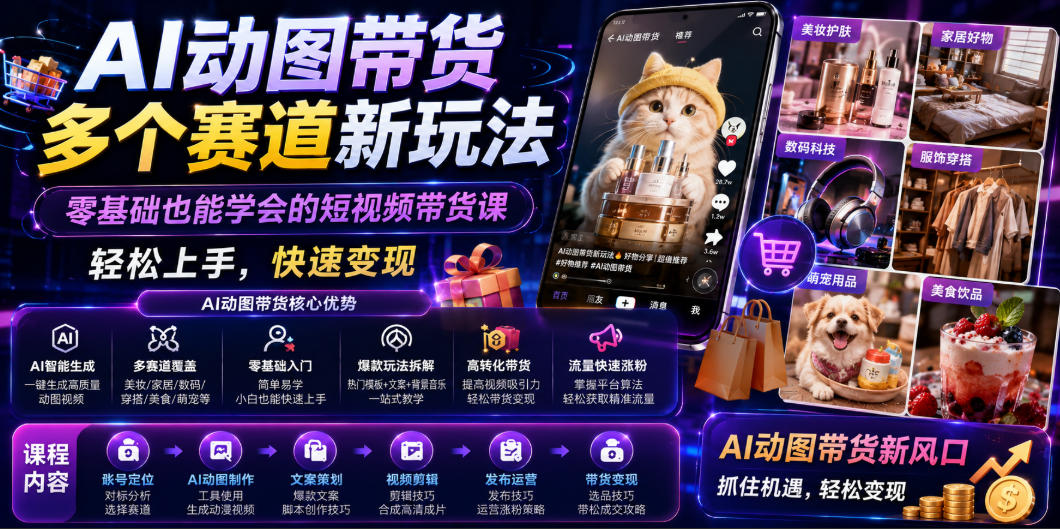 AI动图带货多个赛道新玩法,零基础也能学会的短视频带货课,轻松上手,快速变现-小灰云创