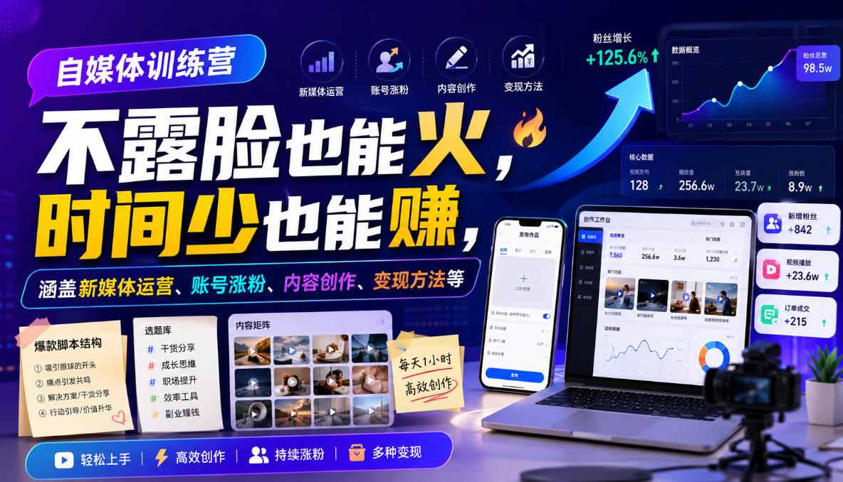 自媒体训练营，不露脸也能火，时间少也能賺，涵盖新媒体运营、账号涨粉、内容创作、变现方法等-小灰云创