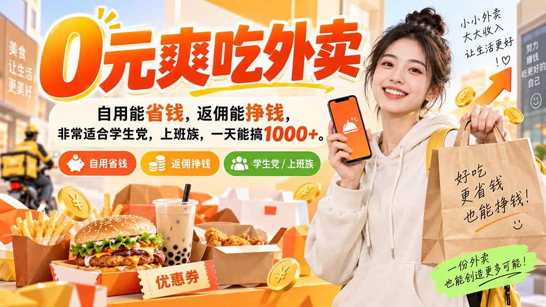 (20309期)0元爽吃外卖,自用能省钱,返佣能挣钱,非常适合学生党,上班族,一天能搞1000+-小灰云创