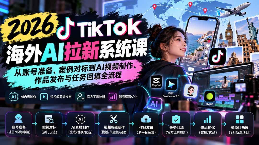 (20675期)【无水印】2026 TikTok海外AI拉新系统课:从账号准备、案例对标到AI视频制作、作品发布与任务回填全流程-小灰云创