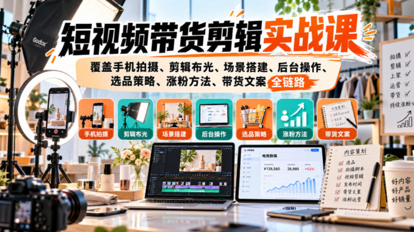 短视频带货剪辑实战课，覆盖手机拍摄、剪辑布光、场景搭建、后台操作、选品策略、涨粉方法、带货文案全链路-小灰云创
