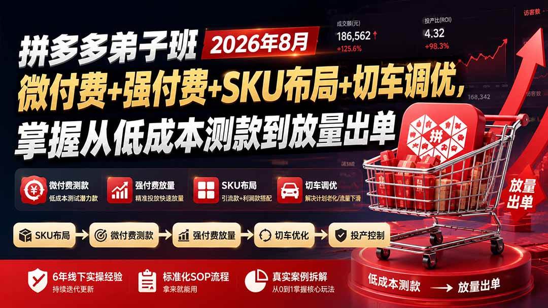 (19746期)拼多多弟子班2026年8月:微付费+强付费+SKU布局+切车调优,掌握从低成本测款到放量出单-小灰云创