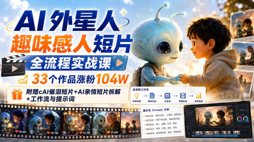 AI外星人趣味感人短片全流程实战课，33个作品涨粉104W，附赠AI催泪短片+AI亲情短片拆解+工作流与提示词-小灰云创