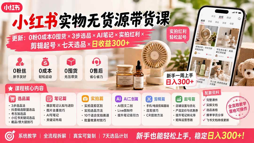(19840期)小红书实物无货源带货课-更新:0粉0成本0囤货×3步选品×AI笔记×实拍红利×剪辑起号×七天选品×日收益300+-小灰云创