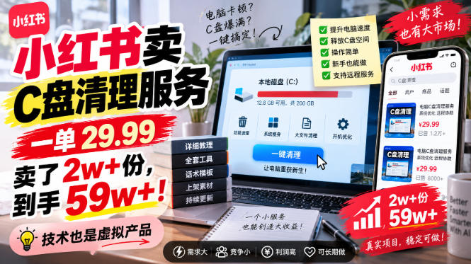 小红书卖C盘清理服务,一单29.99,卖了2w+份,技术也是虚拟产品-小灰云创