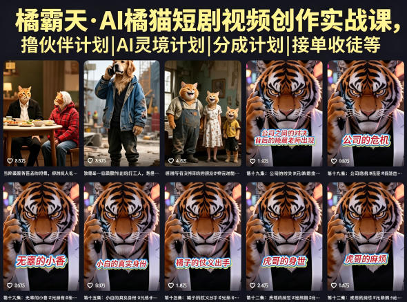 橘霸天·AI橘猫短剧视频创作实战课,撸伙伴计划|AI灵境计划|分成计划|接单收徒等-小灰云创