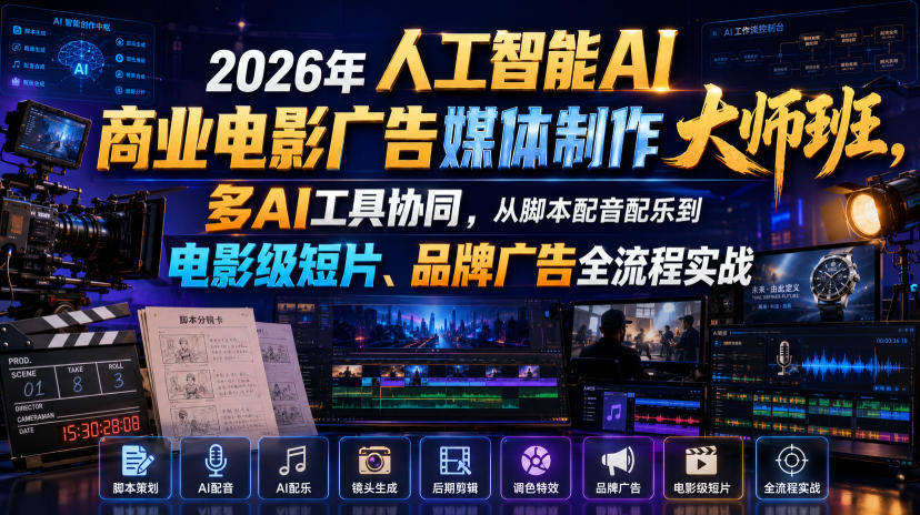 2026年人工智能AI商业电影广告媒体制作大师班,多AI工具协同,从脚本配音配乐到电影级短片、品牌广告全流程实战(中英字幕)-小灰云创