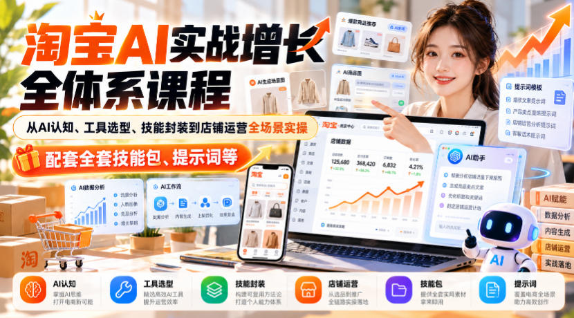 淘宝AI实战增长全体系课程，从AI认知、工具选型、技能封装到店铺运营全场景实操，配套全套技能包、提示词等-小灰云创