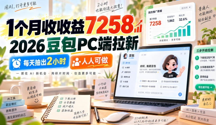 1个月收收益7258，2026豆包PC端拉新，每天抽出2小时，人人可做-小灰云创