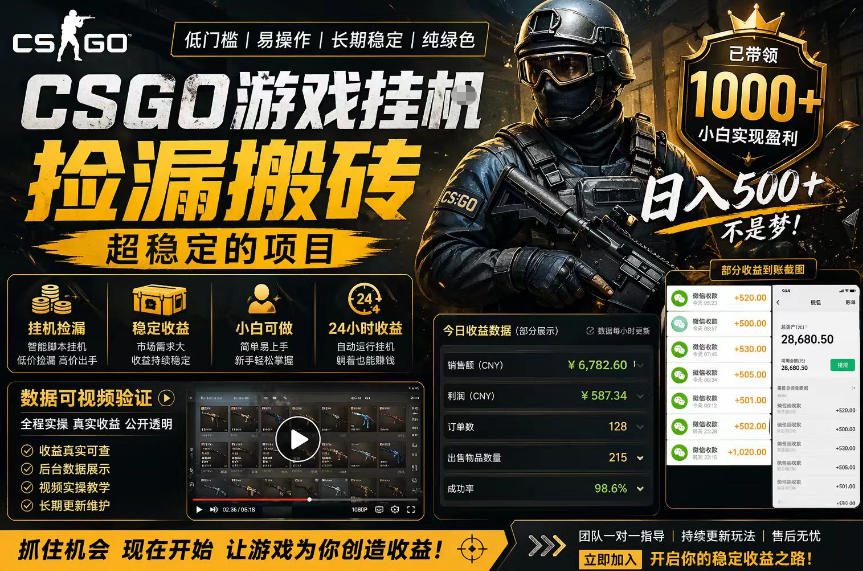 CSGO游戏搬砖，全自动挂G，不需要玩游戏，手机操作日入300+，解放双手【揭秘】-小灰云创