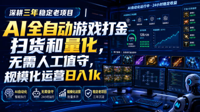 全自动游戏打金和皮肤扫货，规模化运营日入10张，深耕三年稳定老项目！-小灰云创