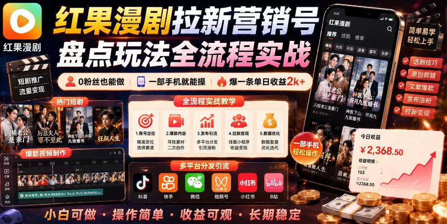 红果漫剧拉新营销号盘点玩法全流程实战，0粉丝也能做，一部手机就能做，爆一条单日收益2k+(更新0922)-小灰云创