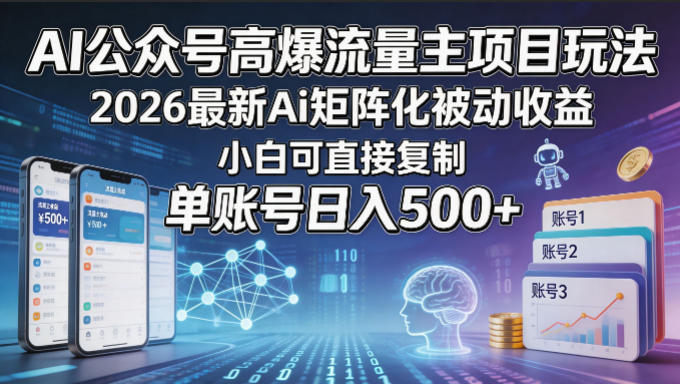 AI公众号高爆流量主项目玩法,2026最新Ai矩阵化被动收益,小白可直接复制,单账号日入500+-小灰云创