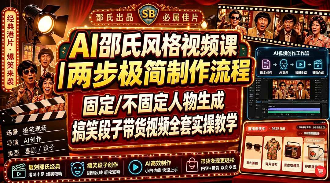 （19602期）AI邵氏风格视频课｜两步极简制作流程，固定/不固定人物生成，搞笑段子带货视频全套实操教学-小灰云创