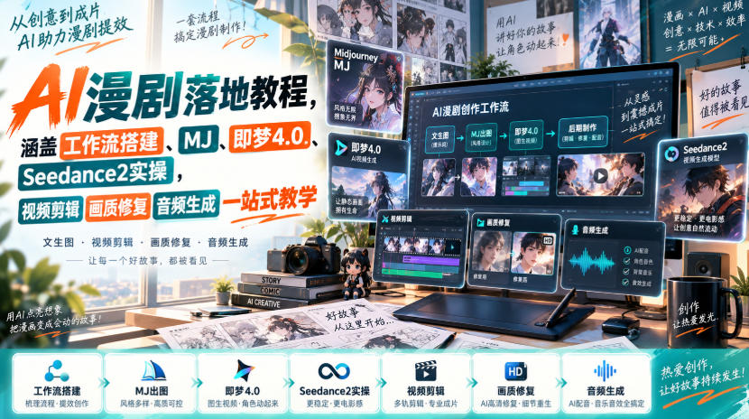 AI漫剧落地教程,涵盖工作流搭建、MJ、即梦4.0、Seedance2实操,视频剪辑画质修复音频生成一站式教学-小灰云创