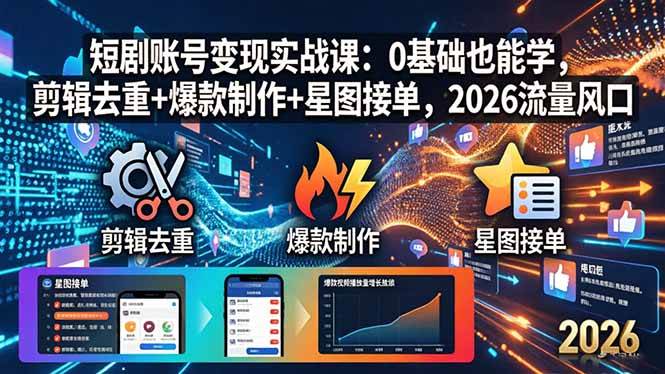 （18160期）短剧账号变现实战课：0基础也能学，剪辑去重+爆款制作+星图接单，2026流量风口-小灰云创