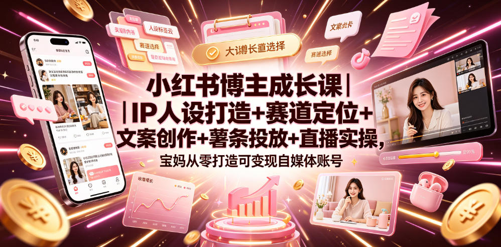 小红书博主成长课｜IP人设打造+赛道定位+文案创作+薯条投放+直播实操，宝妈从零打造可变现自媒体账号-小灰云创