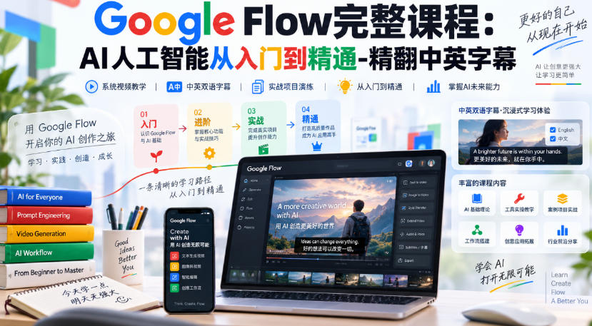 【无水印】Google Flow完整课程：AI人工智能从入门到精通-精翻中英字幕-小灰云创
