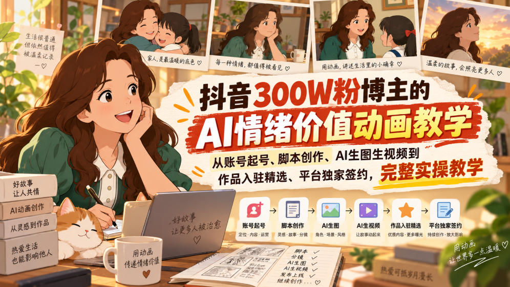 抖音300W粉博主的AI情绪价值动画教学，从账号起号、脚本创作、AI生图生视频到作品入驻精选、平台独家签约，完整实操-小灰云创