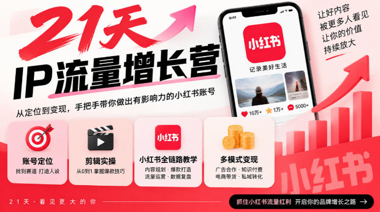 21天IP流量增长营，小红书全链路教学，账号定位剪辑实操，多模式变现系统课-小灰云创
