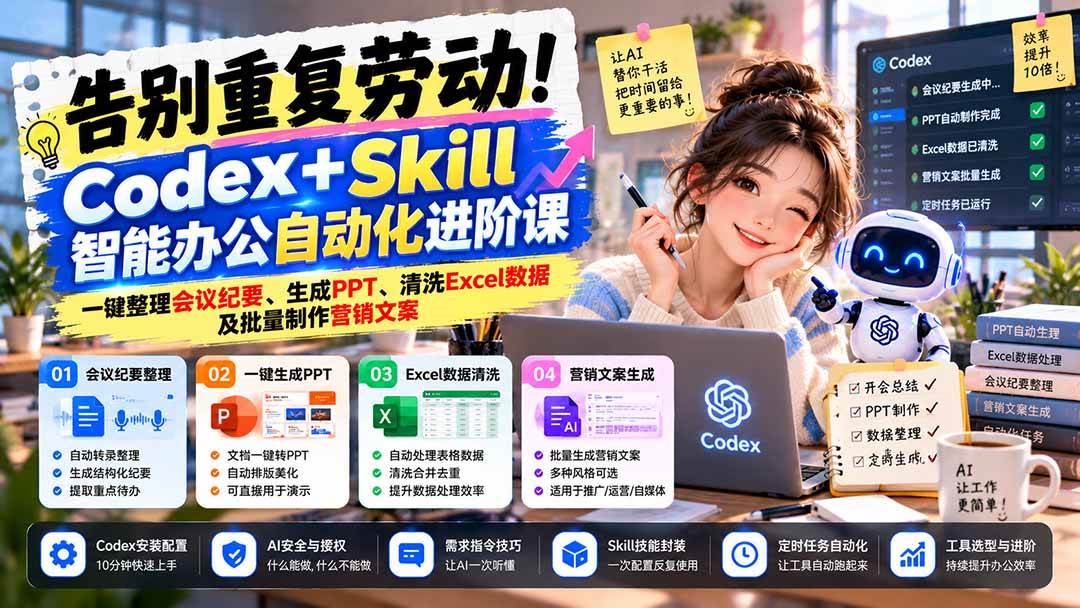(21001期)告别重复劳动!Codex+Skill智能办公自动化进阶课:一键整理会议纪要、生成PPT、清洗Excel数据及批量制作营销文案-小灰云创
