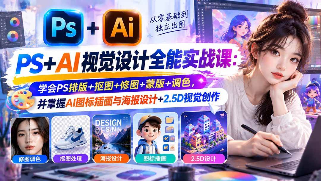 （20749期）【无水印】PS+AI视觉设计全能实战课：学会PS排版+抠图+修图+蒙版+调色，并掌握AI图标插画与海报设计+2.5D视觉创作-小灰云创