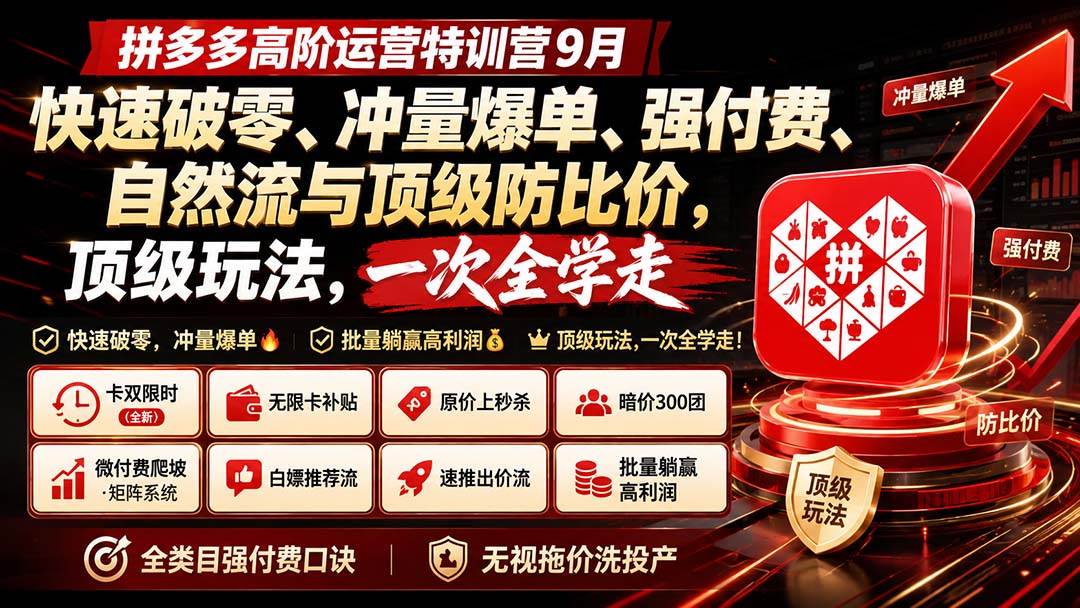 (20155期)拼多多高阶运营特训营9月:快速破零、冲量爆单、强付费、自然流与顶级防比价, 顶级玩法,一次全学走-小灰云创