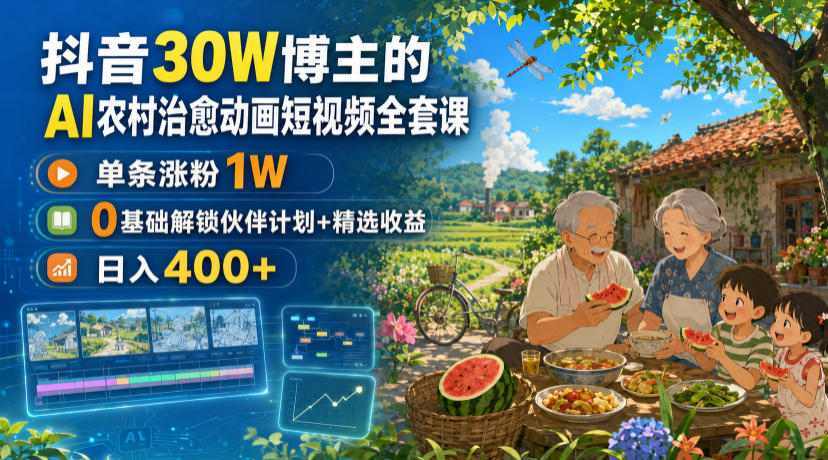 抖音30W博主的AI农村治愈动画短视频全套课|单条涨粉1W,0基础解锁伙伴计划+精选收益,日入400+ 抖音30W博主的AI农村治愈动画短视频全套课|单条涨粉1W,0基础解锁伙伴计划+精选收益,日入400+
