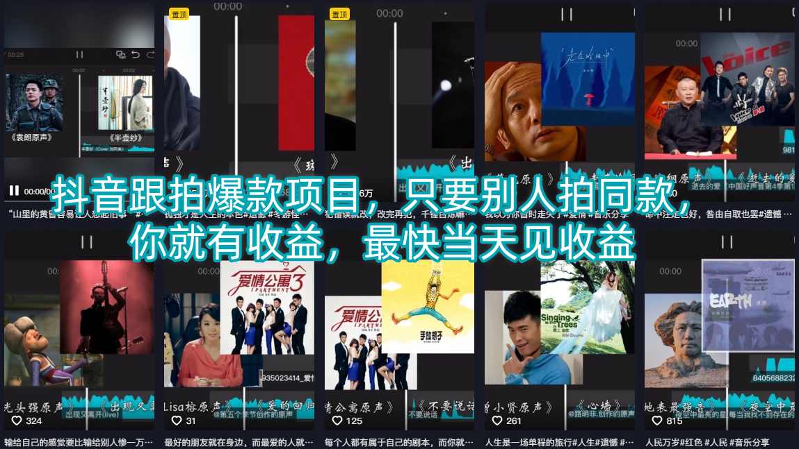 抖音跟拍爆款项目，只要别人拍同款，你就有收益，最快当天见收益-小灰云创
