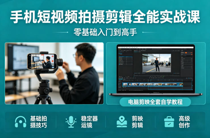 手机短视频拍摄剪辑全能实战课：零基础入门到高手，稳定器运镜+电脑剪映全套自学教程 - 小灰云创-小灰云创