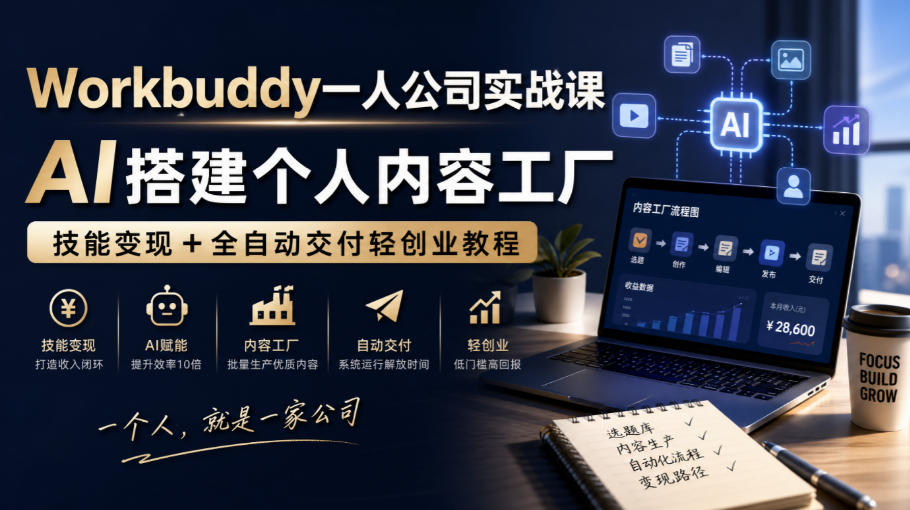 Workbuddy一人公司实战课，AI搭建个人内容工厂，技能变现+全自动交付轻创业教程-小灰云创