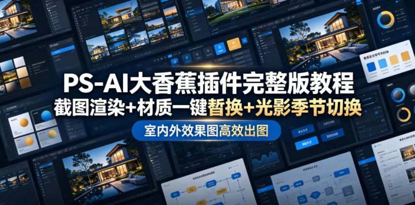 PS-AI大香蕉插件完整版教程，截图渲染+材质一键替换+光影季节切换，室内外效果图高效出图高阶课程-小灰云创
