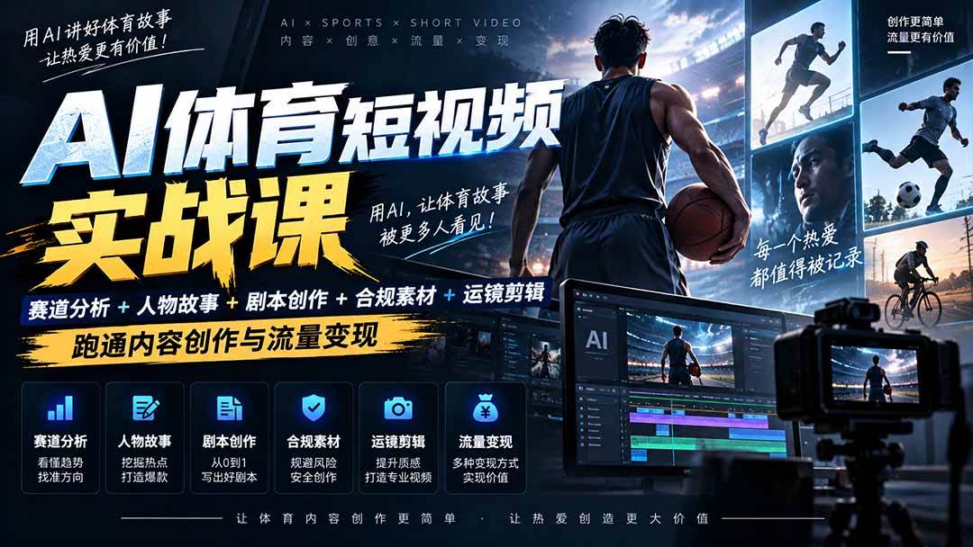 (20515期)AI体育短视频赛道顶级玩法|赛道分析+人物故事+剧本创作+版权处理+运镜剪辑,跑通流量变现-日赚1K+-小灰云创