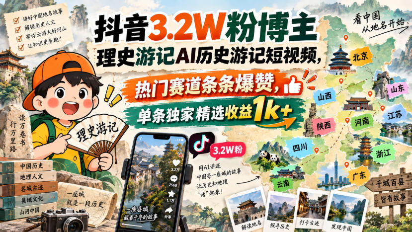 抖音3.2W粉博主理史游记AI历史游记短视频教学,热门赛道条条爆赞,单条独家精选收益1k+-小灰云创