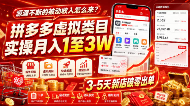 源源不断的被动收入怎么来?拼多多虚拟类目实操月入1至3W,3-5天新店破零出单-小灰云创