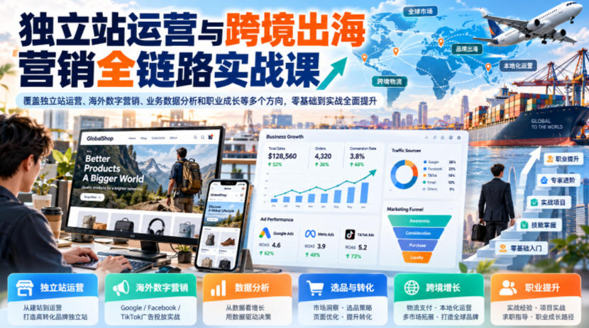 独立站运营与跨境出海营销全链路实战课,覆盖独立站运营、海外数字营销、业务数据分析和职业成长等多个方向,零基础到实战全面提升-小灰云创