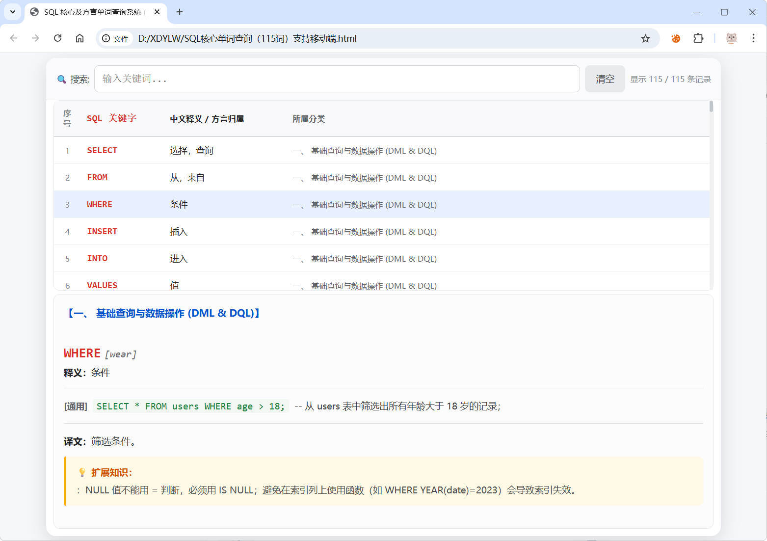 SQL常用核心单词查询115词html源码-小灰云创