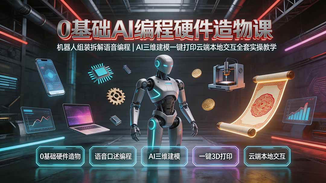 （19612期）0基础AI编程硬件造物课｜机器人组装拆解语音编程，AI三维建模一键打印云端本地交互全套实操教学-小灰云创