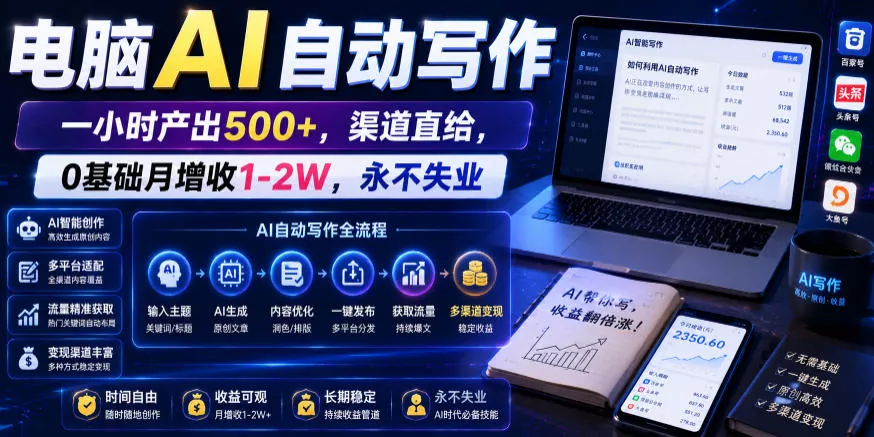 电脑AI自动写作,一小时产出500+,渠道直给,0基础月增收1-2W,永不失业【揭秘】-小灰云创
