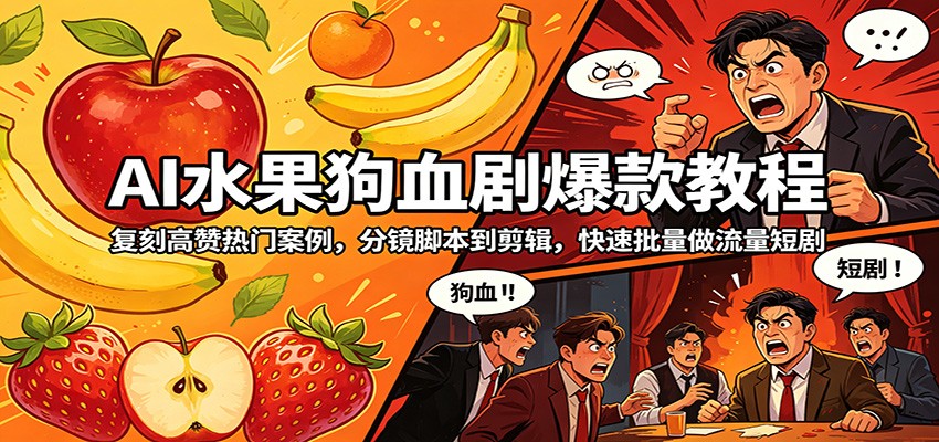 AI水果狗血剧爆款教程：复刻高赞热门案例，分镜脚本到剪辑，快速批量做流量短剧-小灰云创