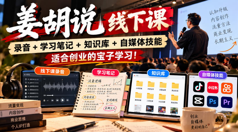 姜胡说线下课录音＋学习笔记＋知识库＋自媒体技能，适合创业的宝子学习！-小灰云创