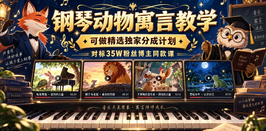 钢琴动物寓言教学，可做精选独家分成计划，对标35W粉丝博主同款课-小灰云创