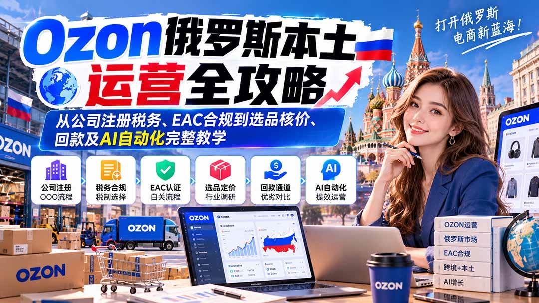 （20851期）Ozon俄罗斯本土运营全攻略：从公司注册税务、EAC合规到选品核价、回款及AI自动化完整教学-小灰云创