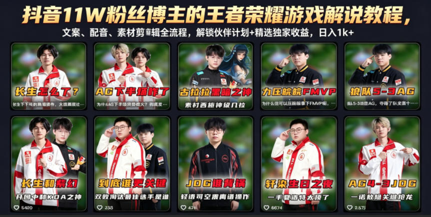 抖音11W粉丝博主的王者荣耀游戏解说教程，文案、配音、素材剪辑全流程，解锁伙伴计划+精选独家收益，日入1k+-小灰云创