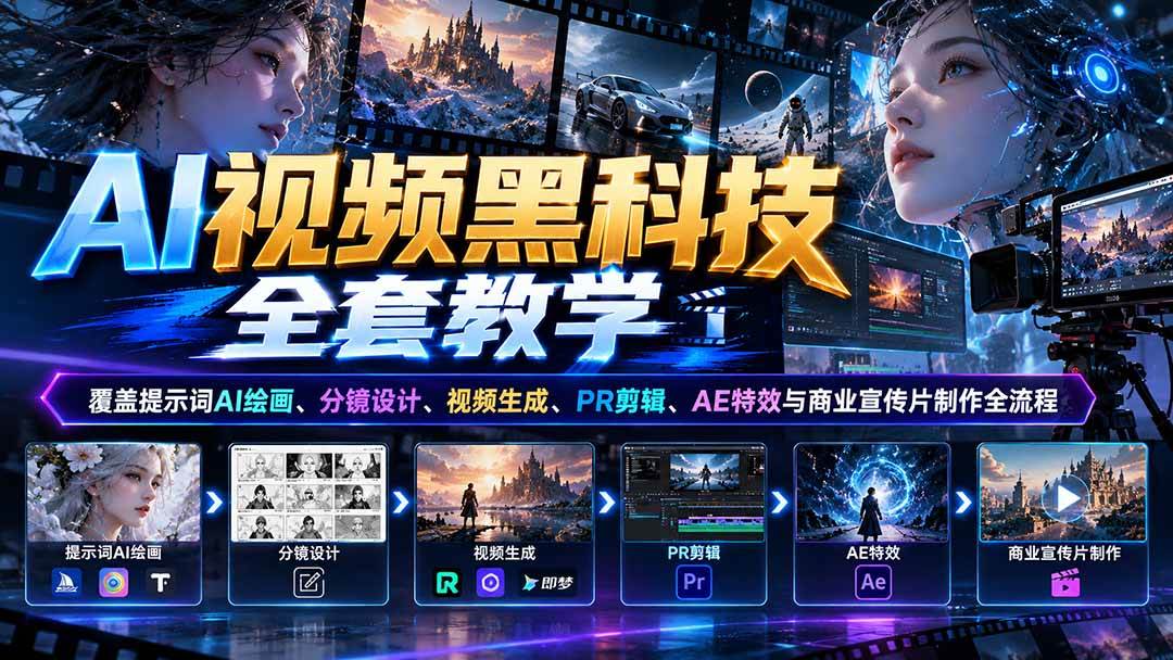 （21095期）AI视频黑科技全套教学：覆盖提示词AI绘画、分镜设计、视频生成、PR剪辑、AE特效与商业宣传片制作全流程-小灰云创