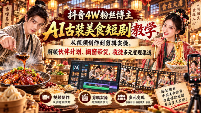 抖音4W粉丝博主AI古装美食短剧教学，从视频制作到剪辑实操，解锁伙伴计划、橱窗带货、收徒多元变现渠道-小灰云创
