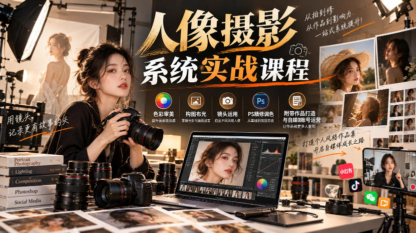 【无水印】人像摄影系统实战课程，色彩审美、构图布光、镜头运用、PS精修调色，附带作品打造与自媒体账号运营-小灰云创