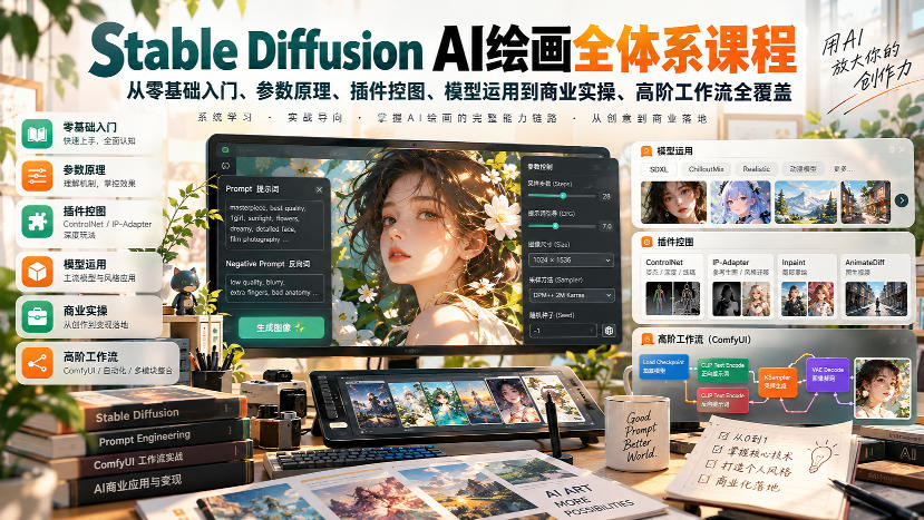 【无水印】Stable Diffusion AI绘画全体系课程,从零基础入门、参数原理、插件控图、模型运用到商业实操、高阶工作流全覆盖-小灰云创